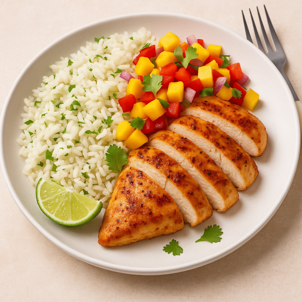 Zomerse kip met limoenrijst en frisse salsa